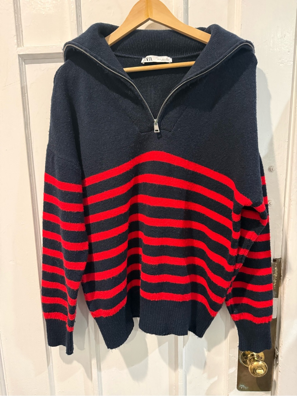 ZARA Navy & Red Striped Half-Zip Men's Sweater